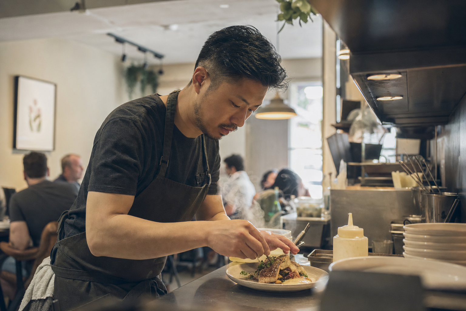 Chef plating a dish in a restaurant kitchen