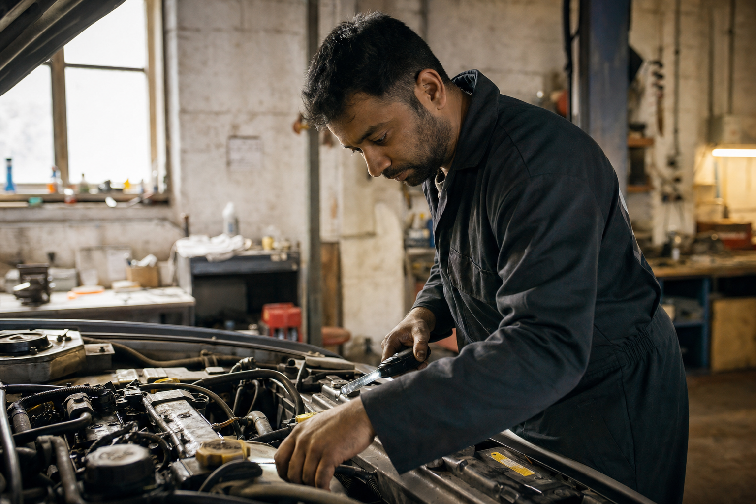 Mechanic working on a car in a garage