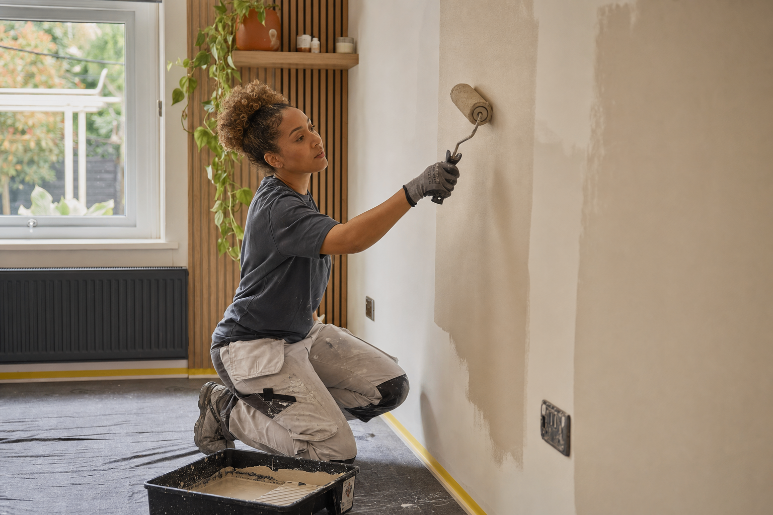 Painter and decorator rolling paint on a wall