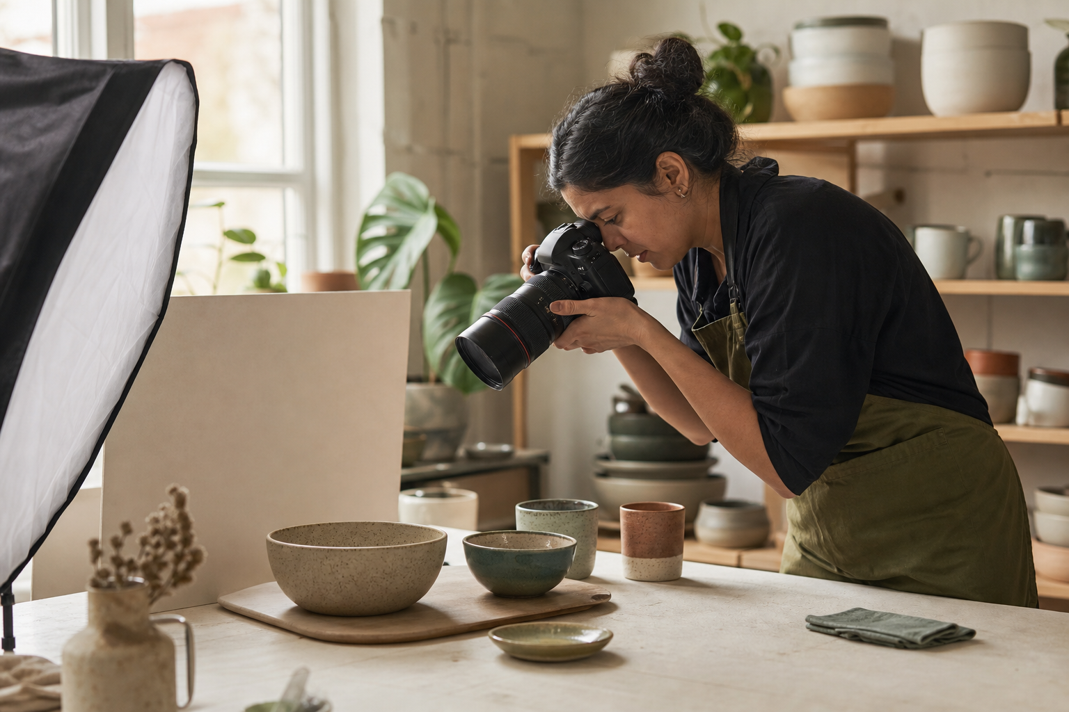 Photographer taking product photos of ceramics in a studio