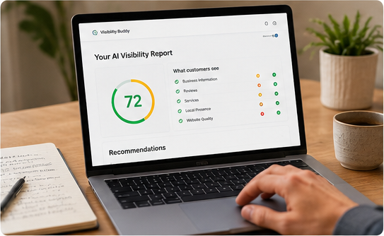 AI Visibility Report dashboard on a laptop showing a score of 72 and key business signals.