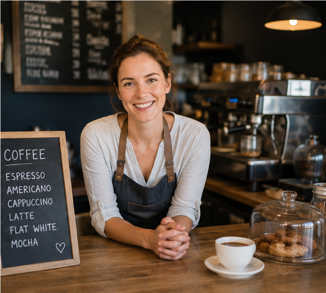 Café owner behind the counter